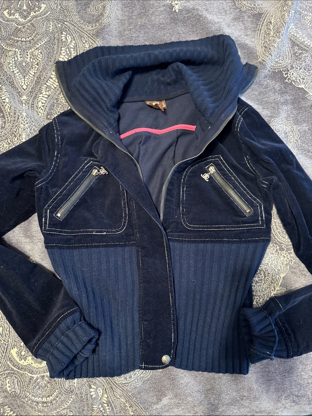 Jennifer Lopez Navy Blue Ribbed & Velvet Zip Jacket